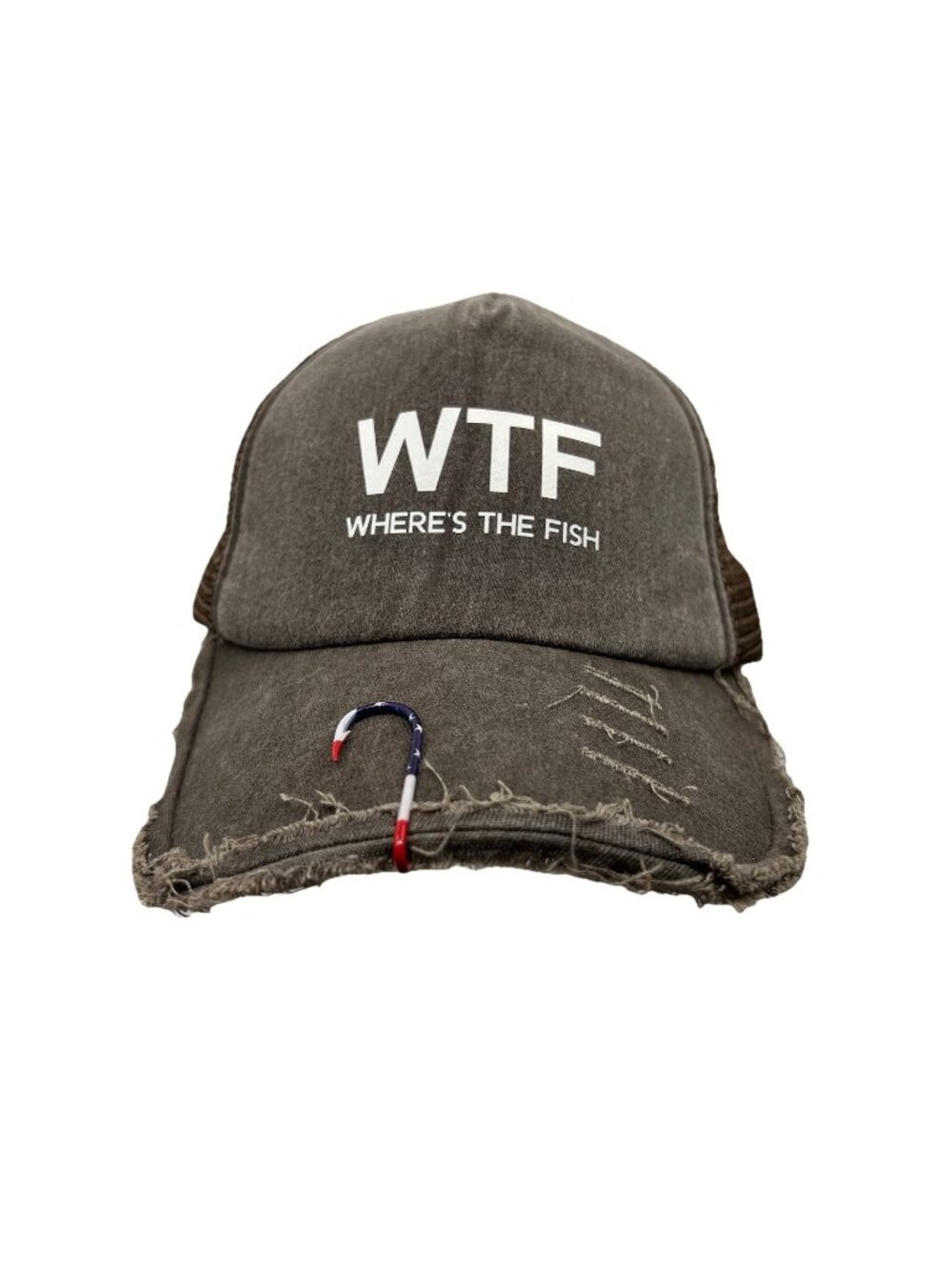 WTF Where's The Fish Trucker Hat Distressed Fishing Snapback Mesh Hook Brown